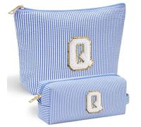 Mateju Blaue Buchstaben Kosmetiktasche, Kulturtasche Damen, Großes Tragbare Kulturbeutel, 2Pcs Make up Tasche, Kosmetiktasche Klein mit Reißverschluss für Tägliche Reisen (Blau Q)