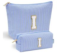 Mateju Blaue Buchstaben Kosmetiktasche, Kulturtasche Damen, Großes Tragbare Kulturbeutel, 2Pcs Make up Tasche, Kosmetiktasche Klein mit Reißverschluss für Tägliche Reisen (I)