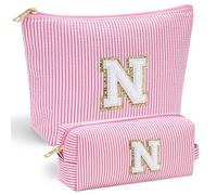 Mateju Einfache Buchstaben Kosmetiktasche, Kulturtasche Damen, Großes Tragbare Kulturbeutel, 2Pcs Make up Tasche, Kosmetiktasche Klein mit Reißverschluss für Tägliche Reisen (N)