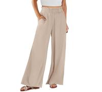 Mateju Leinenhose Damen Lang Sommer, Baumwolle Leinen Hose Damen Elastischem Bund Weite Bein Stoffhose Elegant Hohe Taille Sommerhose S-XXL Einfarbig Freizeithose Casual Bequeme (Beige,XL)
