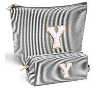 Mateju Schwarze Buchstaben Kosmetiktasche, Kulturtasche Damen, Großes Tragbare Kulturbeutel, 2Pcs Make up Tasche, Kosmetiktasche Klein mit Reißverschluss für Tägliche Reisen (Y)