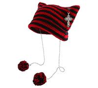 Mauqfra Little Devil Hat Cat Ear Warm Hat Devil Horn Beanie Hat Striped Knit Earflap Beanie Crochet Knitted Hat Windproof Skull Cap, RBK, One size
