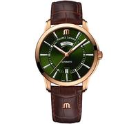 Maurice Lacroix Pontos Tagesdatum 41 mm, bronzefarbenes Gehäuse, grünes Sonnenstrahl-gebürstetes Zifferblatt, braunes Kalbslederarmband, 10 ATM wasserdicht