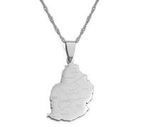 Mauritius-Umrisskarte-Anhänger-Halskette - Länderstädte Namensdruck Afrika-Ethno-Stil Hip-Hop-Anhängerkette Patriotischer Zierlicher Schmuck, Damen- Herren-Unisex-Geschenke,Weiß,Einheitsgröße