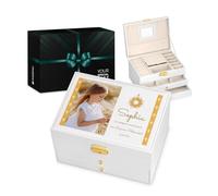 Maverton 3-stöckiges Schmuckkästchen mit Aufdruck - abschließbare Schmuckschatulle mit Spiegel & 2 Schubladen - funktionale Schmuckbox für Mädchen zur Geburt Taufe Erstkommunion - Weiß - Kreuzen