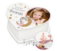 Maverton personalisierte Musikschmuckdose mit eigenem Foto - Schmuckkästchen Ballerina Spieldose - Schmuckkiste in Herzform für Mädchen - Musikspieldose zur Taufe Kommunion - zu Weihnachten - Porträt