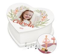 Maverton personalisierte Musikschmuckdose mit eigenem Foto - Schmuckkästchen Ballerina Spieldose - Schmuckkiste in Herzform für Mädchen - Musikspieldose zur Taufe Kommunion - Blumenmotiv