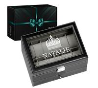 Maverton Uhrenbox mit Gravur für 12 Uhren & Schmuck - 30x20x13cm - Uhrenkasten aus Kunstleder - Schwarz - Geschenk für Damen - Königin