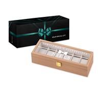 Maverton Uhrenbox mit Gravur für 6 Uhren - Uhrenschachtel Uhrenaufbewahrungsbox aus Holz - personalisiert - braun 31x11x8cm - Geschenk zum Geburtstag für Männer - Fliege