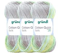 Max Gründl, Cotton Quick Batik Garn, Wolle, 100% Baumwolle (mercerisiert, gasiert) (3 Knäuel, natur-türkis-gelb-grün)