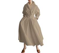 Maxi-Hemdkleid für Damen, langärmelig, Knopfleiste, gesmokte Taille, langes Kleid, lockeres Swing-Partykleid mit Taschen, coffee, X-Large