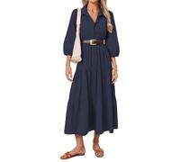 Maxi-Hemdkleid mit Knopfleiste, langärmelig, fließend, gestufter Kragen, Kleider mit Taschen, Marineblau, X-Groß