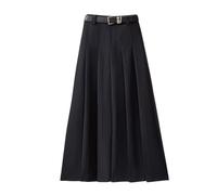 Maxi-Rock für Damen, A-Linie, lang, hohe Taille, schmal, plissiert, einfarbig, Business-Bürorock, fließend, ausgestellt, Swing-Stretch-Rock mit Gürtel, Schwarz , 42