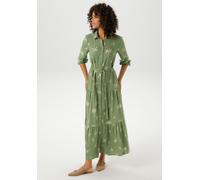 Maxikleid ANISTON CASUAL, Damen, Gr. 42, N-Gr, grün (salbei, sand), Web, Obermaterial: 100% Viskose, bedruckt, figurumspielend knöchelfrei, 1-Knopf-Manschette, Kleider Maxikleid, mit Palmen bedruckt -