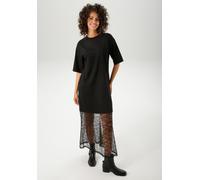 Maxikleid ANISTON CASUAL, Damen, Gr. 48, N-Gr, schwarz, Single Jersey, Obermaterial: 100% Baumwolle. Spitze: 100% Polyamid, unifarben, oversize knöchelfrei, Rundhals, Kleider Maxikleid, mit raffiniert