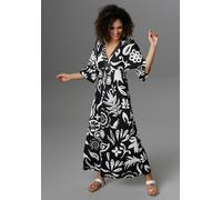 Maxikleid ANISTON SELECTED, Damen, Gr. 48, N-Gr, schwarz-weiß (schwarz, weiß), Single Jersey, Obermaterial: 95% Viskose, 5% Elasthan, bedruckt, lässig geschnitten knöchelfrei, V-Ausschnitt, weit, Klei