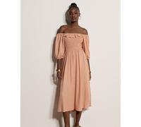 Maxikleid APRICOT "Langes Kleid mit Bardot-Ausschnitt", Damen, Gr. XS (34), N-Gr, orange (peach), gewebt, Obermaterial: 83% Viskose CV. 17% Leinen LI., uni, Puffärmel, Kleider Maxikleid, mit Raffungen