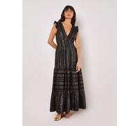 Maxikleid APRICOT "Ruffle Hem Maxi Dress", Damen, Gr. L (40), N-Gr, schwarz, gewebt, Obermaterial: 70% Viskose CV. 30% metallisierte Fasern MTF., gemustert, V-Ausschnitt, Kleider Maxikleid, mit Rüsche