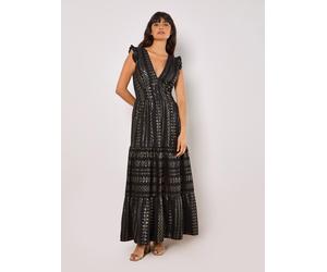 Maxikleid APRICOT "Ruffle Hem Maxi Dress", Damen, Gr. L (40), N-Gr, schwarz, gewebt, Obermaterial: 70% Viskose CV. 30% metallisierte Fasern MTF., gemustert, V-Ausschnitt, Kleider Maxikleid, mit Rüsche