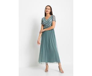 Maxikleid BONPRIX, Damen, Gr. 44, N-Gr, blau (rauchpetrol), Obermaterial: 100% Polyester. Futter: 100% Polyester, festlich, schmal, Kleider Maxikleid, für festliche Anlässe, aus Polyester, schmale Pas