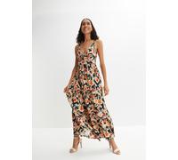 Maxikleid BONPRIX "Maxikleid aus softem Viskose-Mix", Damen, Gr. 44/46 (L), N-Gr, schwarz (schwarz, beige geblümt), Obermaterial: 95% Viskose, 5% Elasthan, ausgestellt, Kleider Maxikleid, für elegante