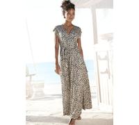Maxikleid BUFFALO "in Wickeloptik mit Alloverdruck", Damen, Gr. 38, N-Gr, schwarz (schwarz, taupe bedruckt), Jersey, Obermaterial: 100% Viskose, bedruckt, figurumspielend lang, V-Ausschnitt, Kleider M