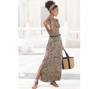 Maxikleid BUFFALO "mit Alloverdruck und Schlitz", Damen, Gr. 36, N-Gr, bunt (beige, jeansblau bedruckt), Jersey, Obermaterial: 100% Viskose, bedruckt, figurumspielend knöchellang, V-Ausschnitt, Kleide