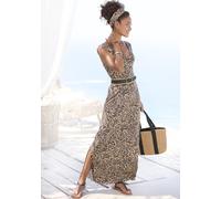 Maxikleid BUFFALO "mit Alloverdruck und Schlitz", Damen, Gr. 40, N-Gr, bunt (beige, jeansblau bedruckt), Jersey, Obermaterial: 100% Viskose, bedruckt, figurumspielend knöchellang, V-Ausschnitt, Kleide