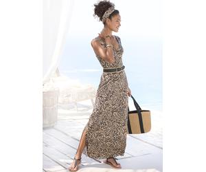 Maxikleid BUFFALO "mit Alloverdruck und Schlitz", Damen, Gr. 44, N-Gr, bunt (beige, jeansblau bedruckt), Jersey, Obermaterial: 100% Viskose, bedruckt, figurumspielend knöchellang, V-Ausschnitt, Kleide