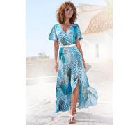 Maxikleid BUFFALO "mit Alloverdruck und Volantrock, Flügelärmel", Damen, Gr. 46, N-Gr, blau (blau bedruckt), Jersey, Obermaterial: 100% Viskose, bedruckt, figurbetont knöchellang, V-Ausschnitt, Kleide