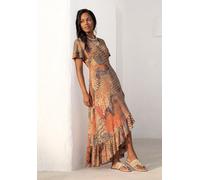 Maxikleid BUFFALO "mit Alloverdruck und Volantrock, Flügelärmel", Damen, Gr. 46, N-Gr, bunt (orange, blau, bedruckt), Jersey, Obermaterial: 100% Viskose, figurbetont knöchellang, V-Ausschnitt, Kleider