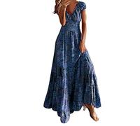 Maxikleid Damen Boho Sommer Maxi Kleid V-Ausschnitt Kurzärmelig Sommerkleid Langes Bohemian Blumen Hippie Blumenkleid Strandkleid Lang,Blau,S