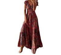 Maxikleid Damen Boho Sommer Maxi Kleid V-Ausschnitt Kurzärmelig Sommerkleid Langes Bohemian Blumen Hippie Blumenkleid Strandkleid Lang,Wein,L