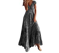 Maxikleid Damen Boho Sommer Maxi Kleid V-Ausschnitt Kurzärmelig Sommerkleid Langes Bohemian Blumen Hippie Blumenkleid Strandkleid Lang,Grau,XXL