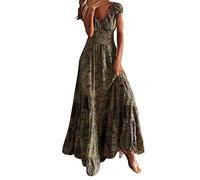 Maxikleid Damen Boho Sommer Maxi Kleid V-Ausschnitt Kurzärmelig Sommerkleid Langes Bohemian Blumen Hippie Blumenkleid Strandkleid Lang,Kaffee,S