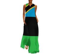 Maxikleid Damen, Flagge von Sansibar Sommerkleider Bohemien Strandkleid Lang Freizeitkleid Ärmellos Tank Top Kleid mit Taschen Langes Lockeres Bodenlanger Rock