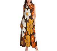 Maxikleid Damen, Retro-Blumen Sommerkleider 70er Jahre Stil Strandkleid Lang Freizeitkleid Ärmellos Tank Top Kleid mit Taschen Langes Lockeres Bodenlanger Rock