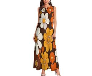 Maxikleid Damen, Retro-Blumen Sommerkleider 70er Jahre Stil Strandkleid Lang Freizeitkleid Ärmellos Tank Top Kleid mit Taschen Langes Lockeres Bodenlanger Rock