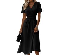 Maxikleid Damen Sommer Damen Lang Tailliert Curvy Sommerkleid Leicht V Ausschnitt Midikleid A Linie Festlich Sommer Kleid Kurzarm Freizeitkleid Festliche Kleider Für Ab 60 Jahren(Black, L)