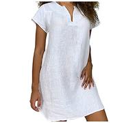 maxikleid Damen Sommer Dress Strand Tunika Einfarbig Baumwolle Leinen V-Ausschnitt Kurzarm Mini Bluse Kleid Sommerkleid große größen grün（Weiß, M