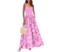 Maxikleid Damen Sommer Elegant Blumenkleid Ärmellos A Linie Mit Taschen Sommerkleid Damen Lang Schwingen Sommerkleider Leicht Und Luftig Blumen Patchwork Maxi Boho Kleider Frauen U Ausschnit