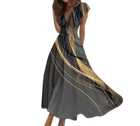 Maxikleid Damen Sommer Elegant Sommerkleid Lang A Linie Kleid Frauen V Ausschnitt Hohe Taille Kleider Tailliert Damenkleider mit Ärmel Sommerkleider Leicht und Luftig Strandkleid Schwingen