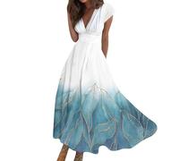 Maxikleid Damen Sommer Elegant Sommerkleid Lang A Linie Kleid Frauen V Ausschnitt Hohe Taille Kleider Tailliert Damenkleider mit Ärmel Sommerkleider Leicht und Luftig Strandkleid Schwingen