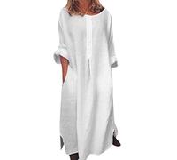 Maxikleid Damen Sommer Leinen - Leinenkleid Damen Sommer Maxi - Leinenkleider Große Größen Locker Kleid Kurzarm Mit Taschen Strandkleid Elegant Lang Maxi Strand Sommerkleid Wickelkleid Freizeitkleid