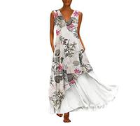 Maxikleid Damen V Ausschnitt, Sommerkleid Damen Lang Langes Kleid Ärmellos Große Größen Sommer Strandkleid Vintage Blusenkleid Locker Leichte Kaftan Boho Kleider Frauen Festlich Elegant Blumenkleid