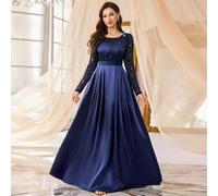 Maxikleid für Abendpartys mit Pailletten, Blumen-Spitze, Satin-Kontrast und plissiertem Saum, Langarm, Halbformelles Damenkleid für Hochzeitsgäste, Ab