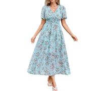 Maxikleid für Damen, Blumenmuster, fließender V-Ausschnitt, Empire-Taille, Sommer, Hochzeit, Gast, Party, lässiges Chiffon-Kleid, Seeblau, Groß