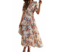 Maxikleid für Damen, Blumenmuster, fließender V-Ausschnitt, Empire-Taille, Sommer, Hochzeit, Gast, Party, lässiges Chiffon-Kleid, Beige Pfirsichblüte, Klein