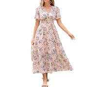 Maxikleid für Damen, Blumenmuster, fließender V-Ausschnitt, Empire-Taille, Sommer, Hochzeit, Gast, Party, lässiges Chiffon-Kleid, Helles Pink, Klein