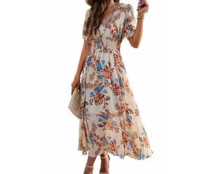 Maxikleid für Damen, Blumenmuster, fließender V-Ausschnitt, Empire-Taille, Sommer, Hochzeit, Gast, Party, lässiges Chiffon-Kleid, Beige Pfirsichblüte, Klein